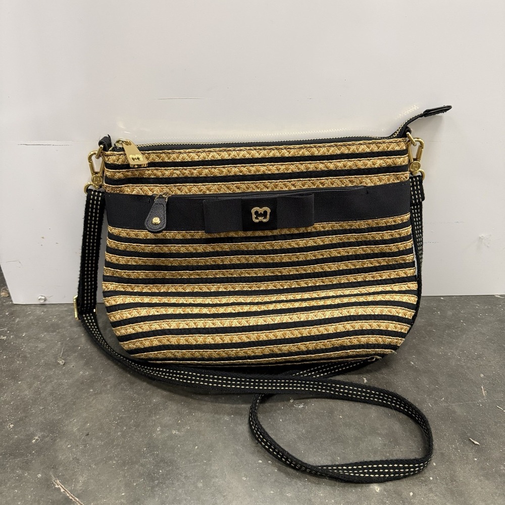 Eric Javits New York Black And Brown Striped Straw Shoulder Bag Purse